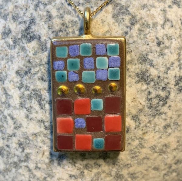 Mini Blue/Dichro/Red Squares in Rectangle in Mosaic Jewelry at Windy Sea Designs