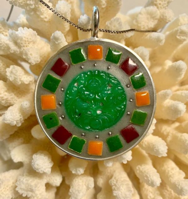 Green Floral Round in Mosaic Jewelry at Windy Sea Designs