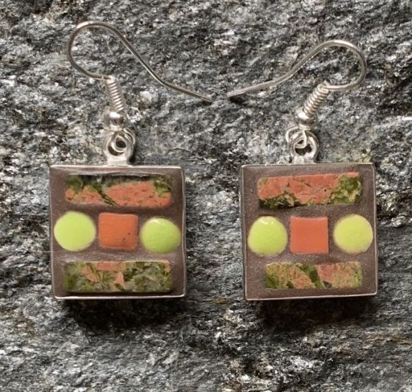 Unakite Square Mosaic Earrings in Mosaic Jewelry at Windy Sea Designs